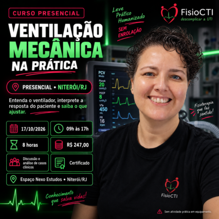Curso presencial de Ventilação Mecânica na Prática em Niterói, dia 17 de outubro de 2026, com a fisioterapeuta Elizabeth Cunha.